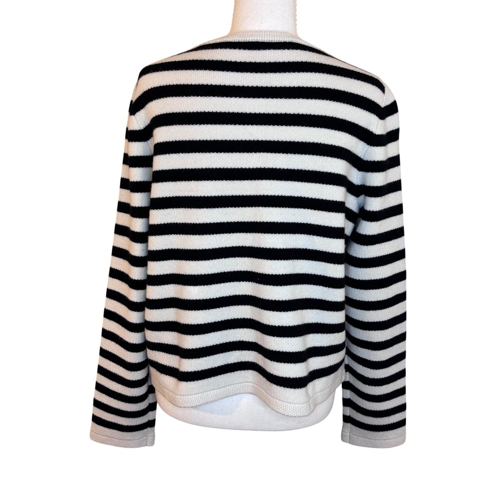 GOELIA Wool Cardigan L(8) Black White Breton Stripe Gold Button Parisian Coastal - Picture 5 of 8